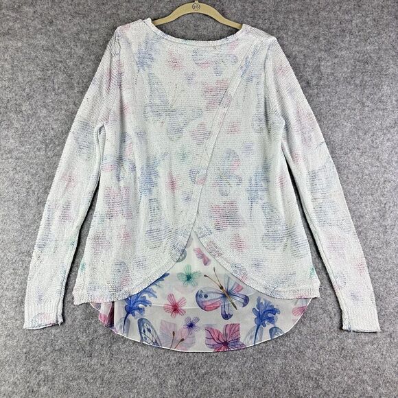 SIONI Pullover Sweater Womens L Butterfly Floral Knit Chiffon Layered Split Back - Picture 5 of 11